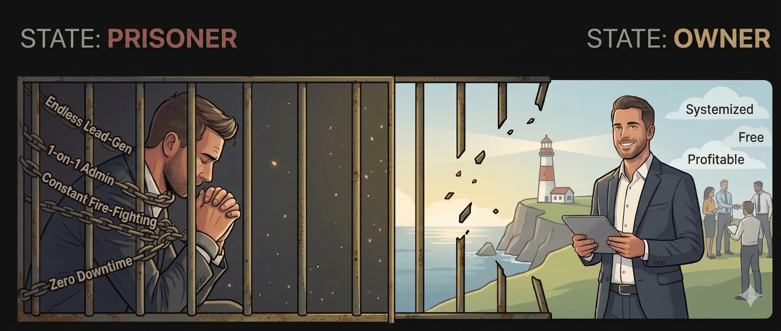 State: Prisoner versus State: Owner — a coach trapped behind bars on one side, free and systemised on the other