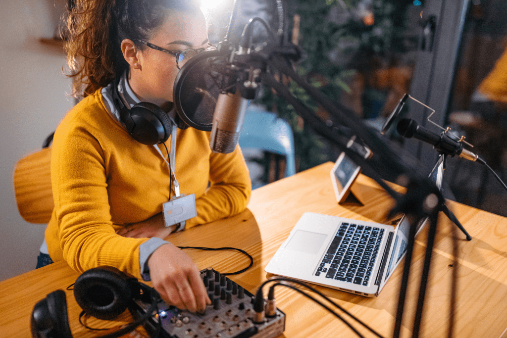 a women podcasting setup